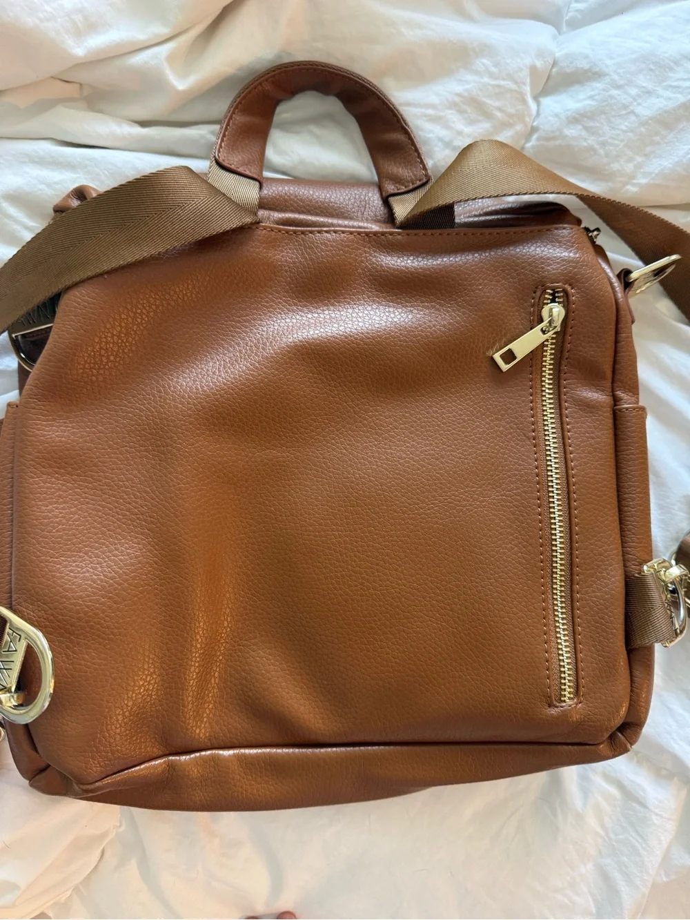 FAWN DESIGN Tan Brown Leather Backpack with Gold Hardware